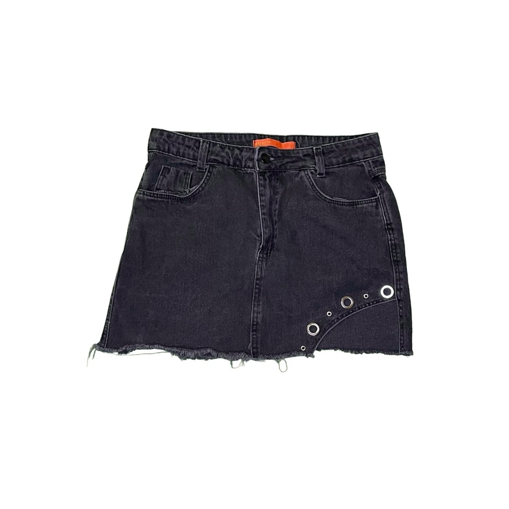 Black Denim Mini Skirt with Grommet Detail - Picture 2 of 6